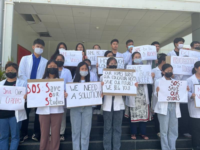 Displaced Kuki-Zo medical students protest at Churachandpur Medical College, Manipur